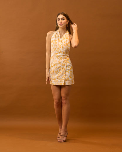Rust Yellow Floral Backless Wrap Mini Dress for Women