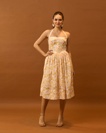 Spring Bloom Yellow Floral Bustier Midi Dress for Women