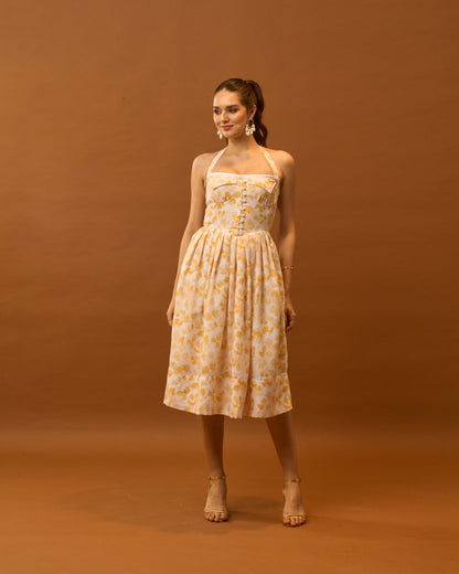 Spring Bloom Yellow Floral Bustier Midi Dress for Women