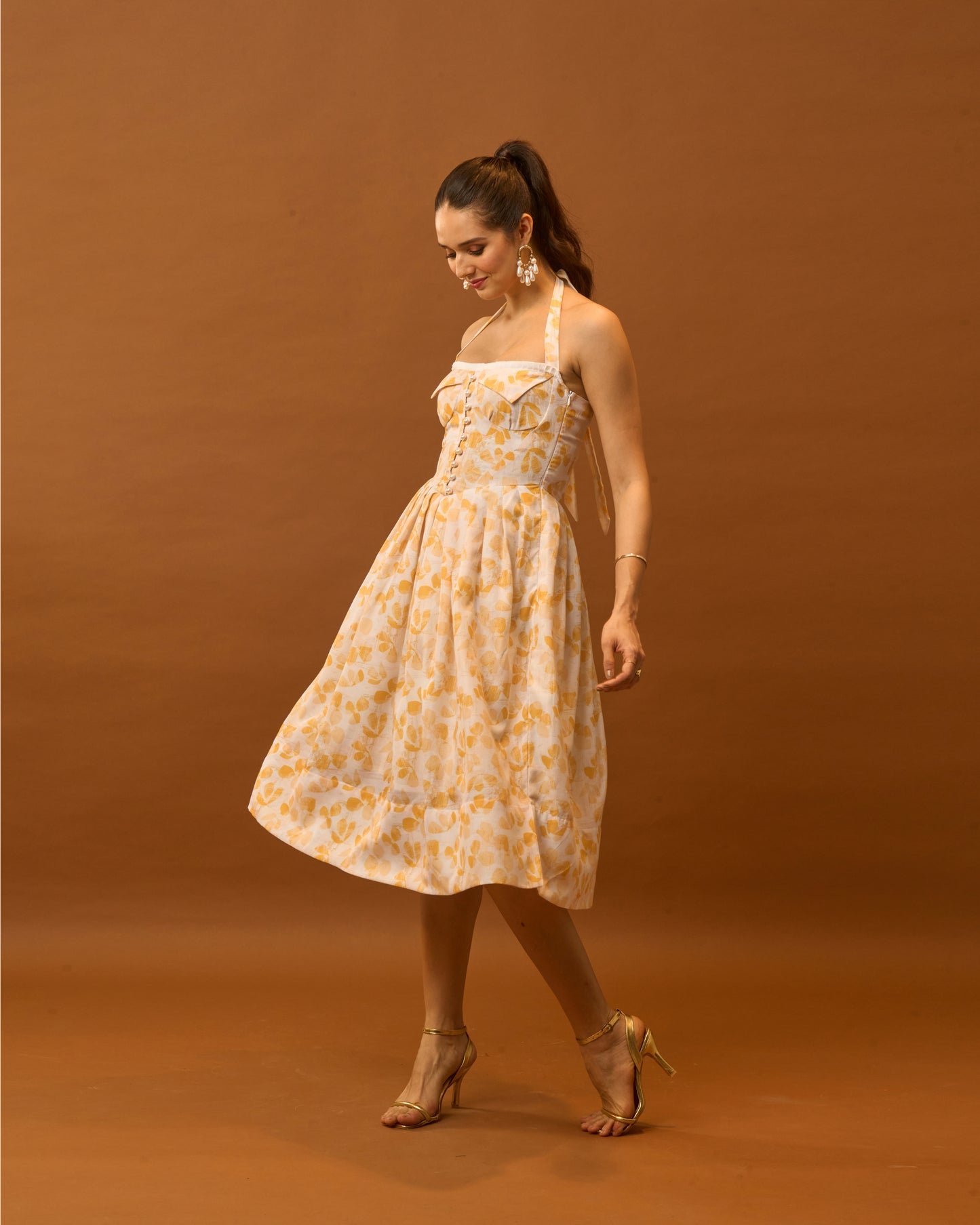 Spring Bloom Yellow Floral Bustier Midi Dress for Women