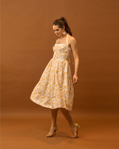 Spring Bloom Yellow Floral Bustier Midi Dress for Women
