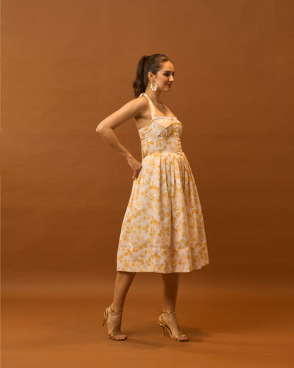 Spring Bloom Yellow Floral Bustier Midi Dress for Women