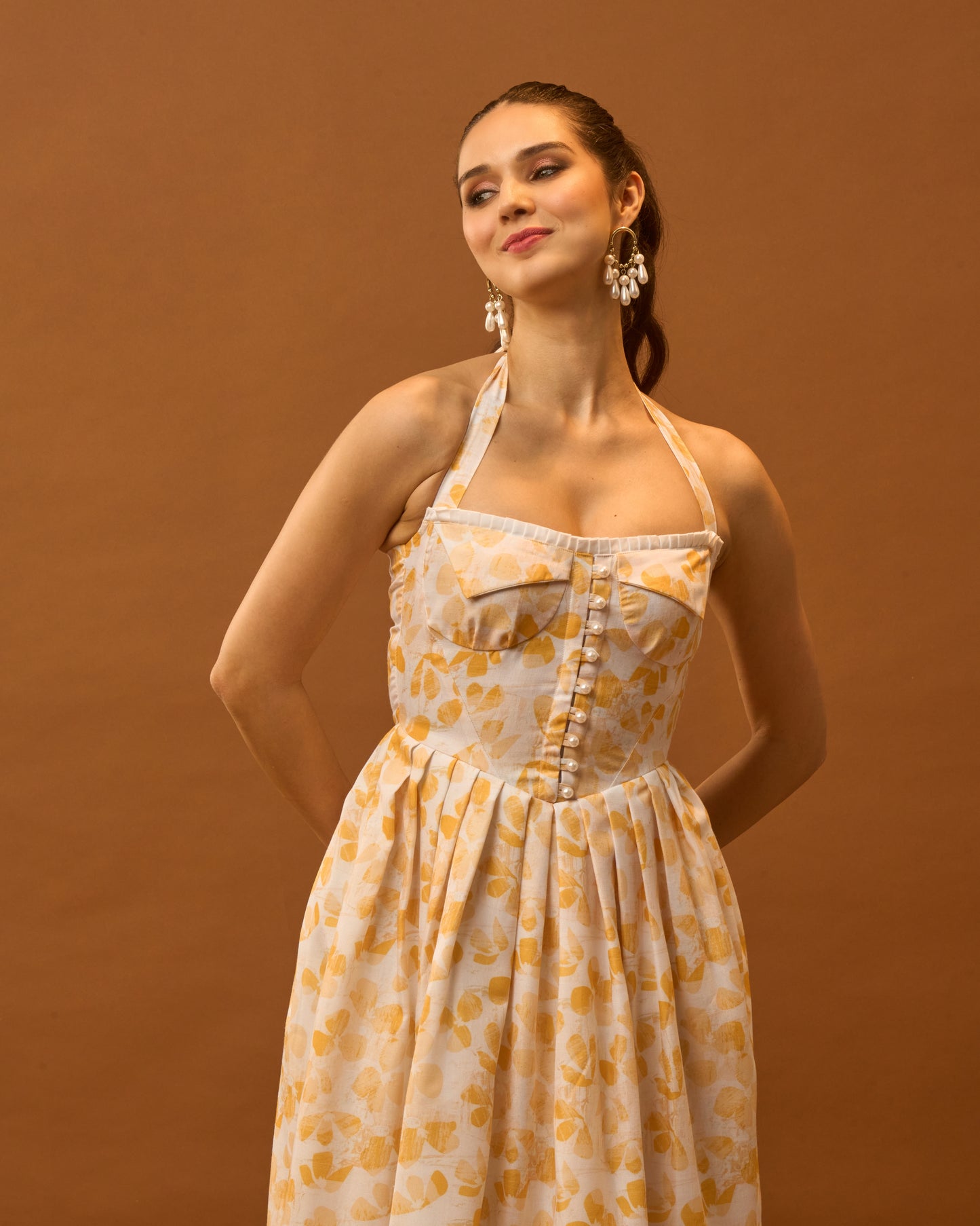 Spring Bloom Yellow Floral Bustier Midi Dress for Women