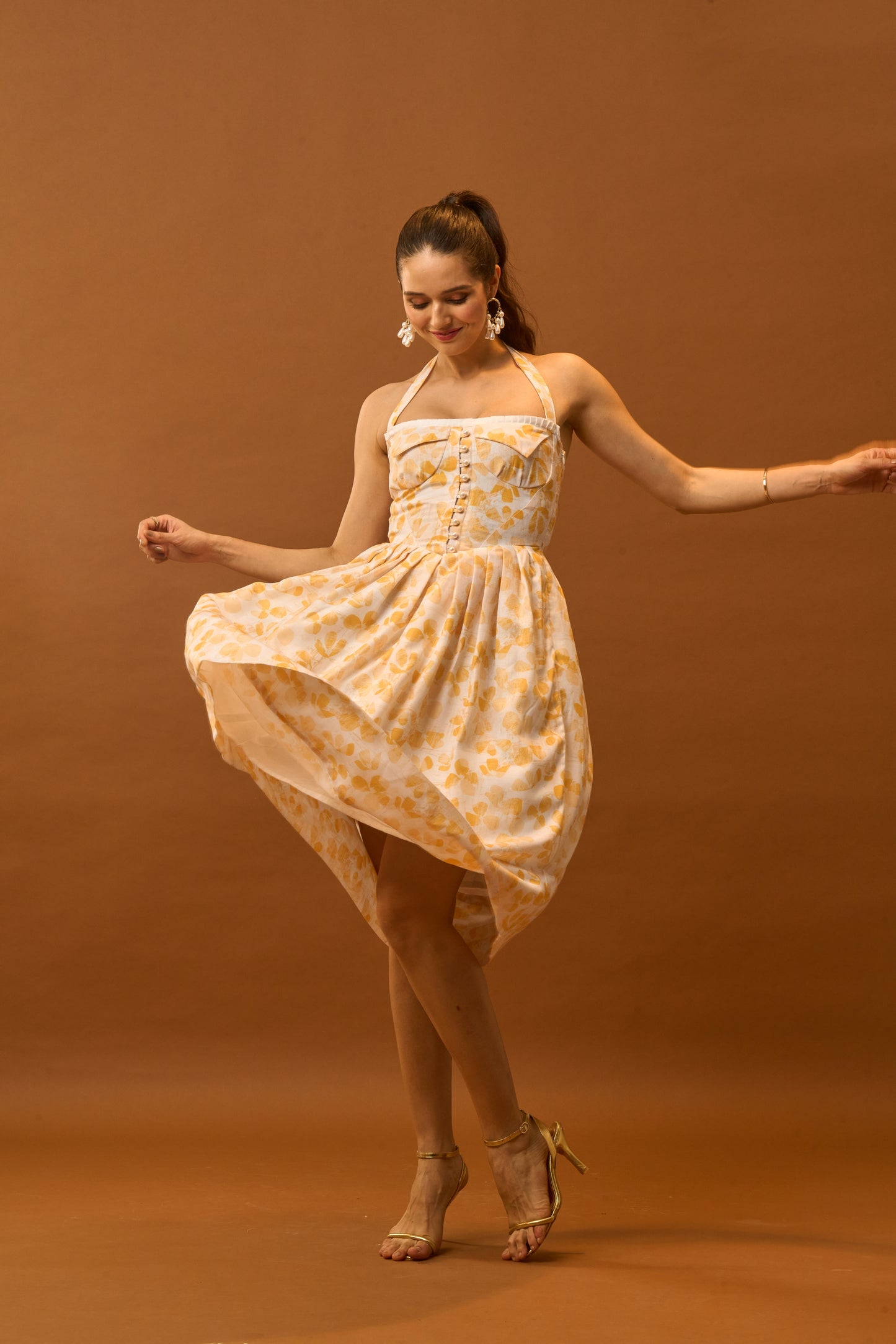 Spring Bloom Yellow Floral Bustier Midi Dress for Women