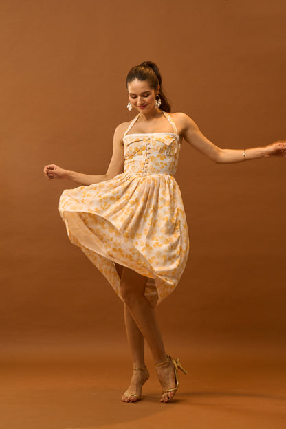 Spring Bloom Yellow Floral Bustier Midi Dress for Women