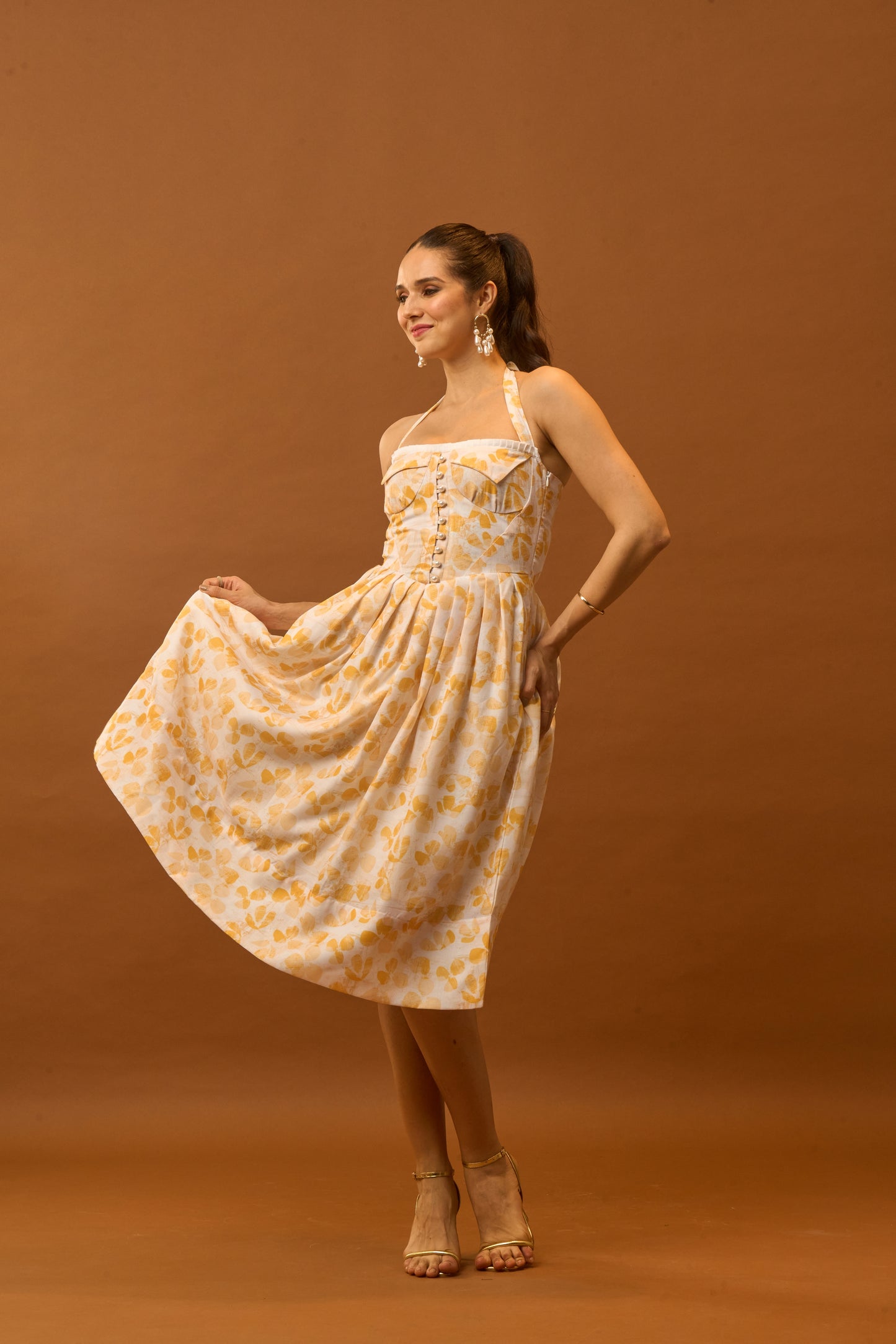 Spring Bloom Yellow Floral Bustier Midi Dress for Women