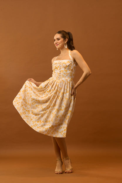 Spring Bloom Yellow Floral Bustier Midi Dress for Women