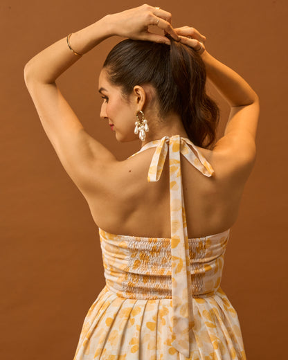 Spring Bloom Yellow Floral Bustier Midi Dress for Women