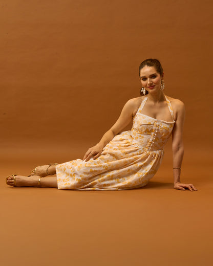 Spring Bloom Yellow Floral Bustier Midi Dress for Women