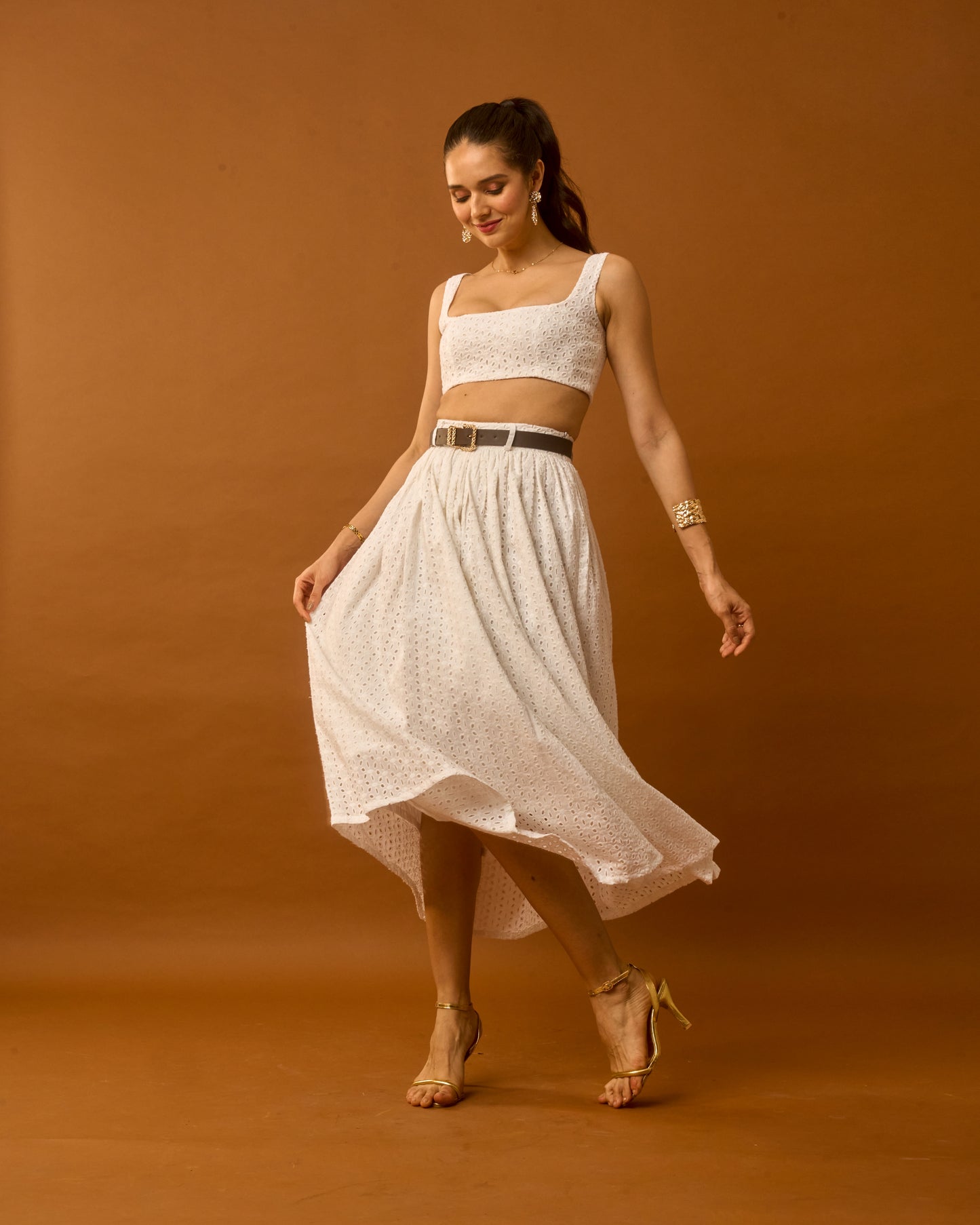 Dew Drop White Eyelet Embroidered Sleeveless Cotton Women's crop top