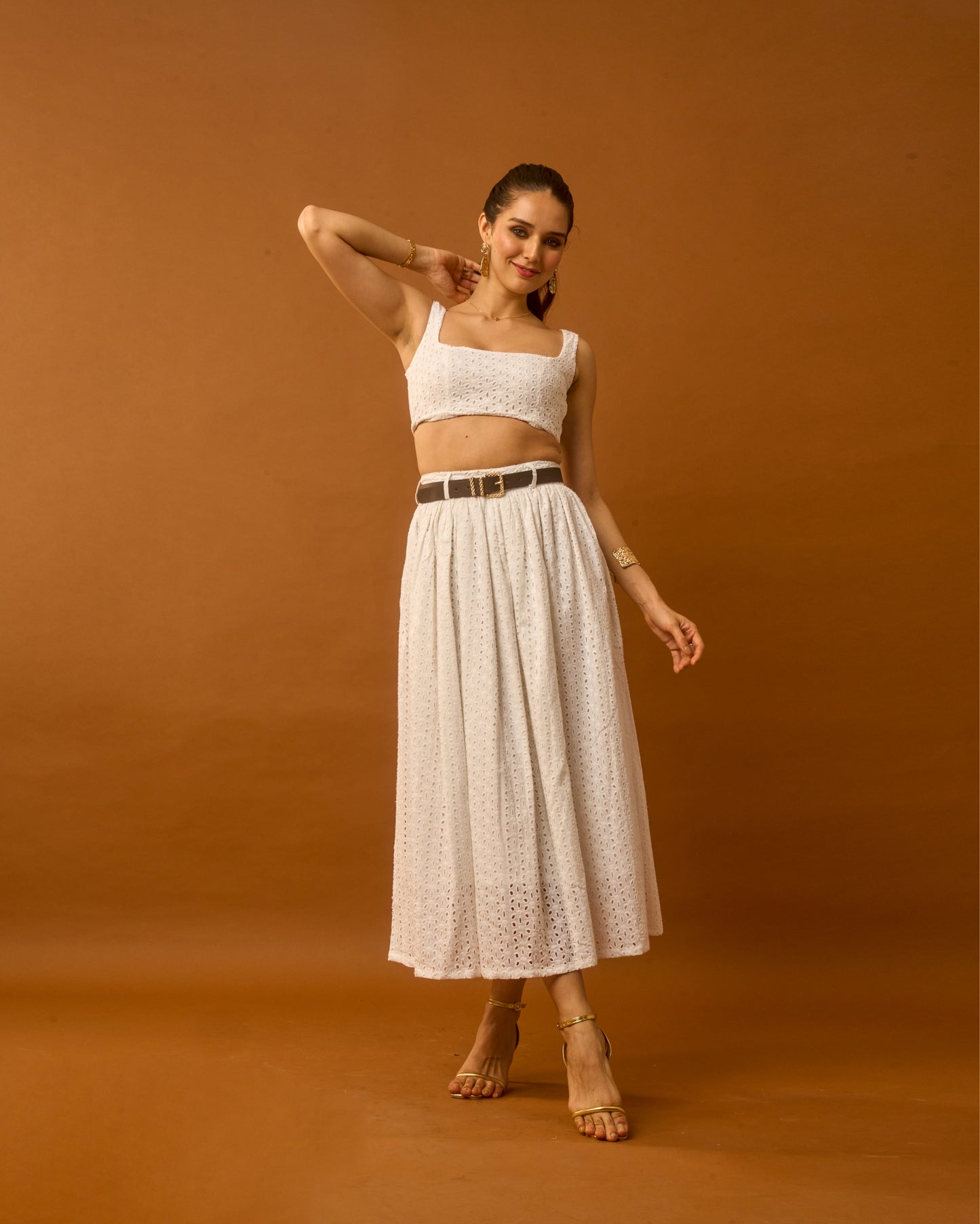 Dew Drop White Eyelet Embroidered Sleeveless Cotton Women's crop top