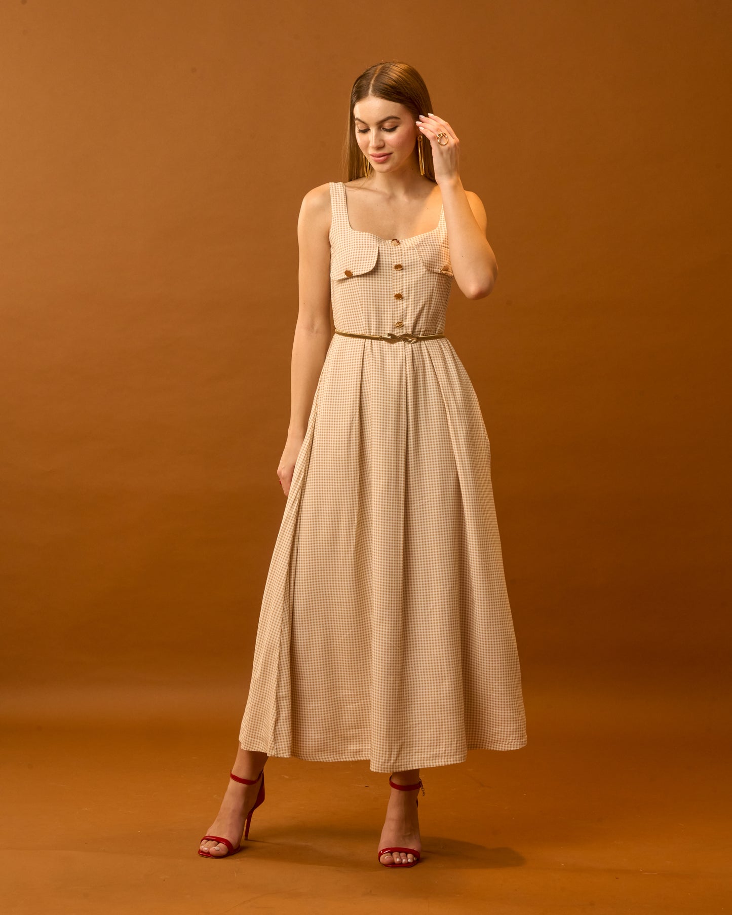Sunday Breeze Beige Gingham Cotton Maxi Dress for Women – Sleeveless Button Detail