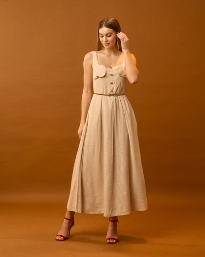 Sunday Breeze Beige Gingham Cotton Maxi Dress for Women – Sleeveless Button Detail