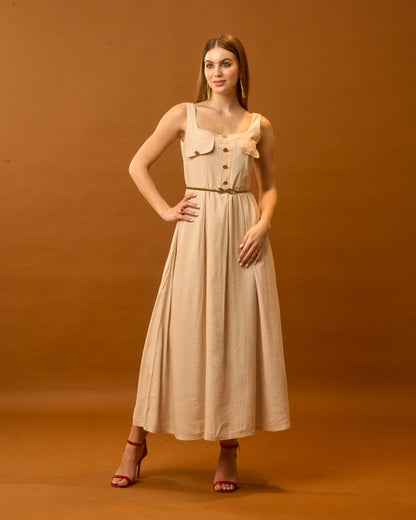 Sunday Breeze Beige Gingham Cotton Maxi Dress for Women – Sleeveless Button Detail