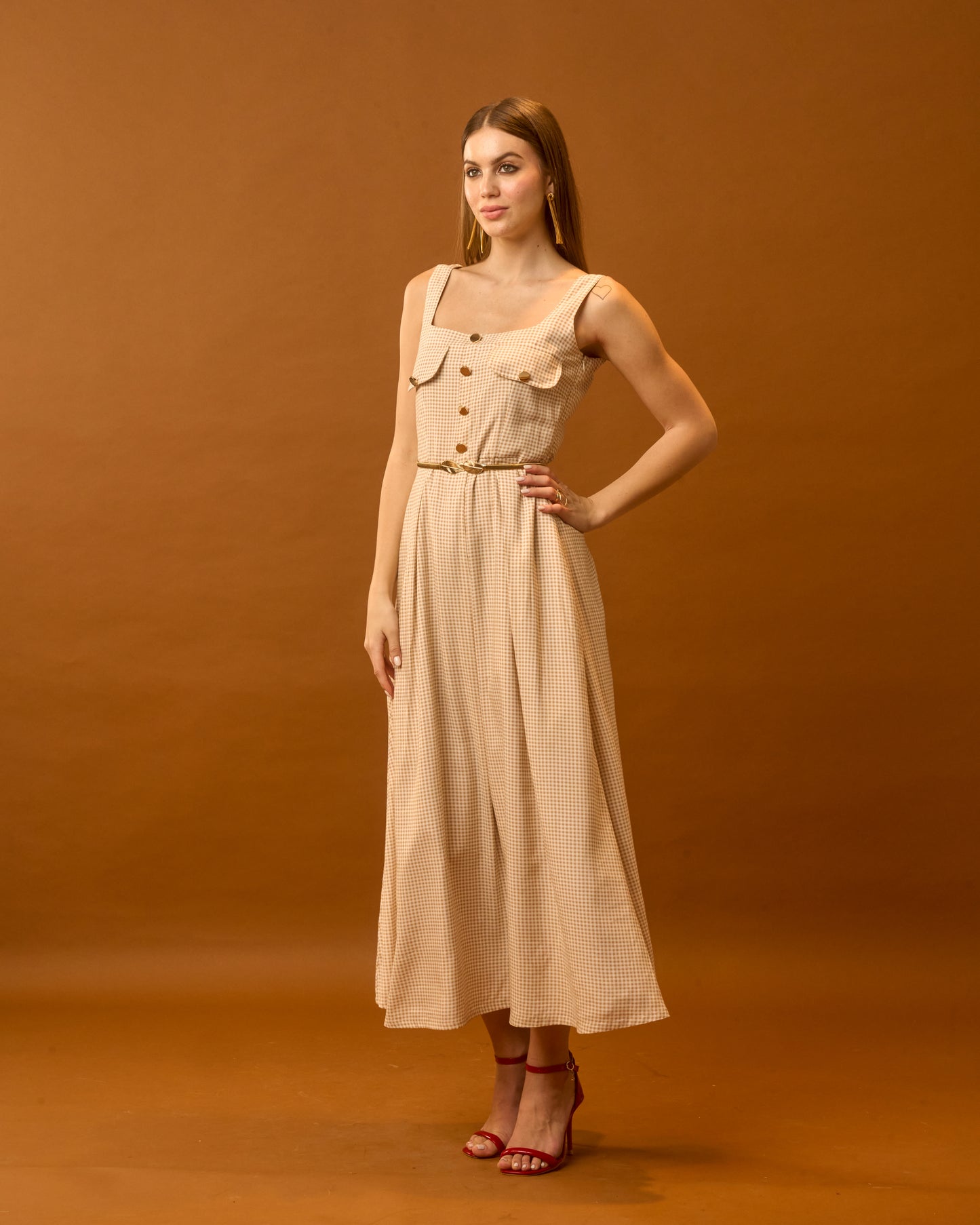 Sunday Breeze Beige Gingham Cotton Maxi Dress for Women – Sleeveless Button Detail