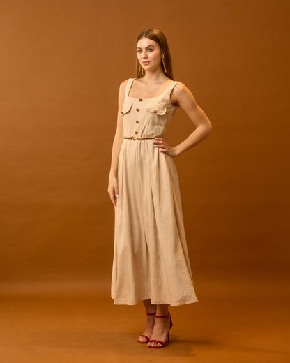 Sunday Breeze Beige Gingham Cotton Maxi Dress for Women – Sleeveless Button Detail