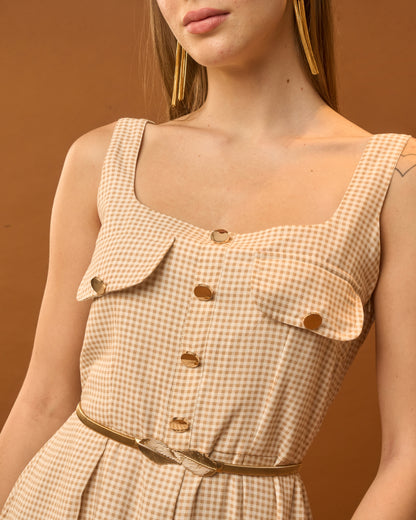 Sunday Breeze Beige Gingham Cotton Maxi Dress for Women – Sleeveless Button Detail