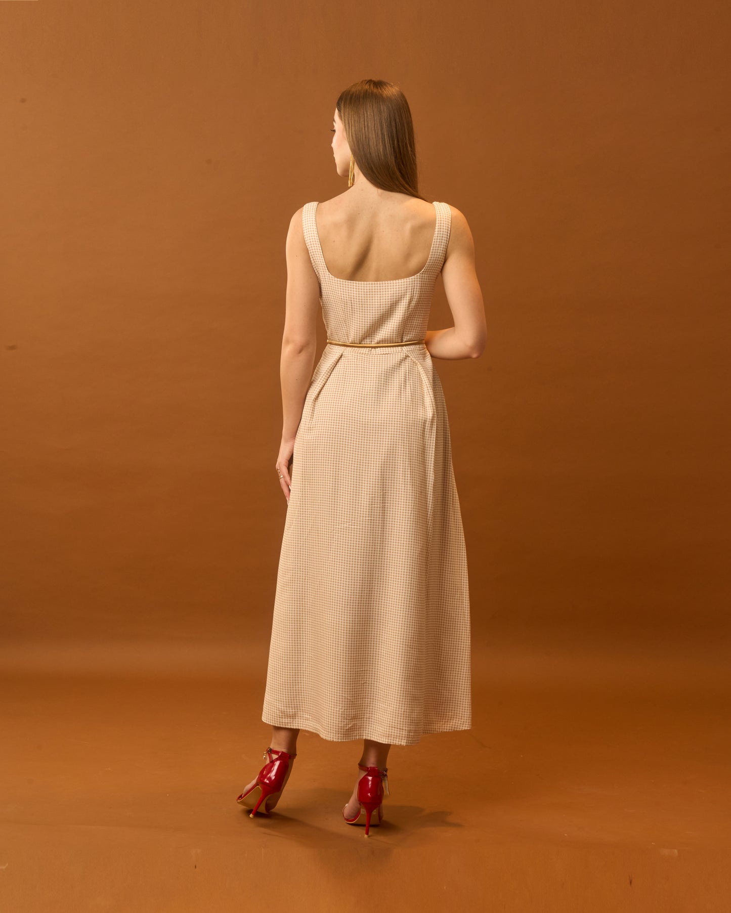 Sunday Breeze Beige Gingham Cotton Maxi Dress for Women – Sleeveless Button Detail