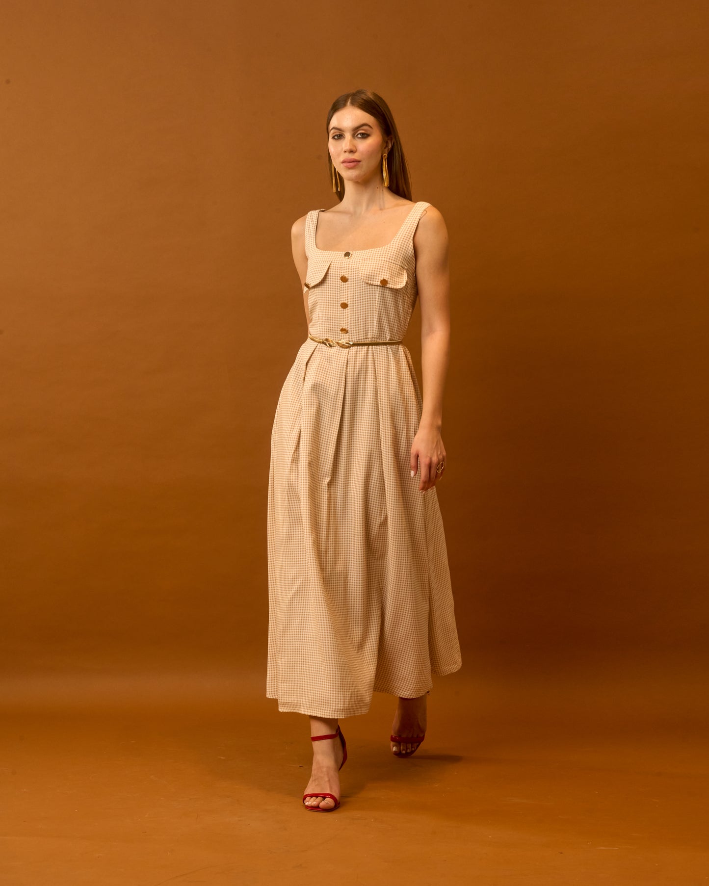 Sunday Breeze Beige Gingham Cotton Maxi Dress for Women – Sleeveless Button Detail
