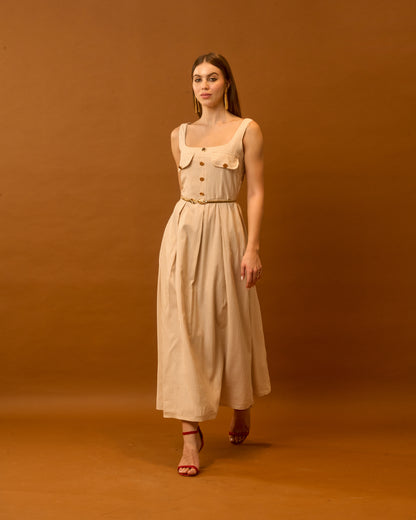 Sunday Breeze Beige Gingham Cotton Maxi Dress for Women – Sleeveless Button Detail