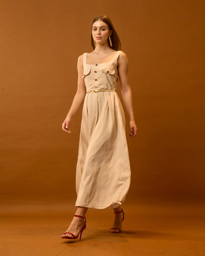 Sunday Breeze Beige Gingham Cotton Maxi Dress for Women – Sleeveless Button Detail