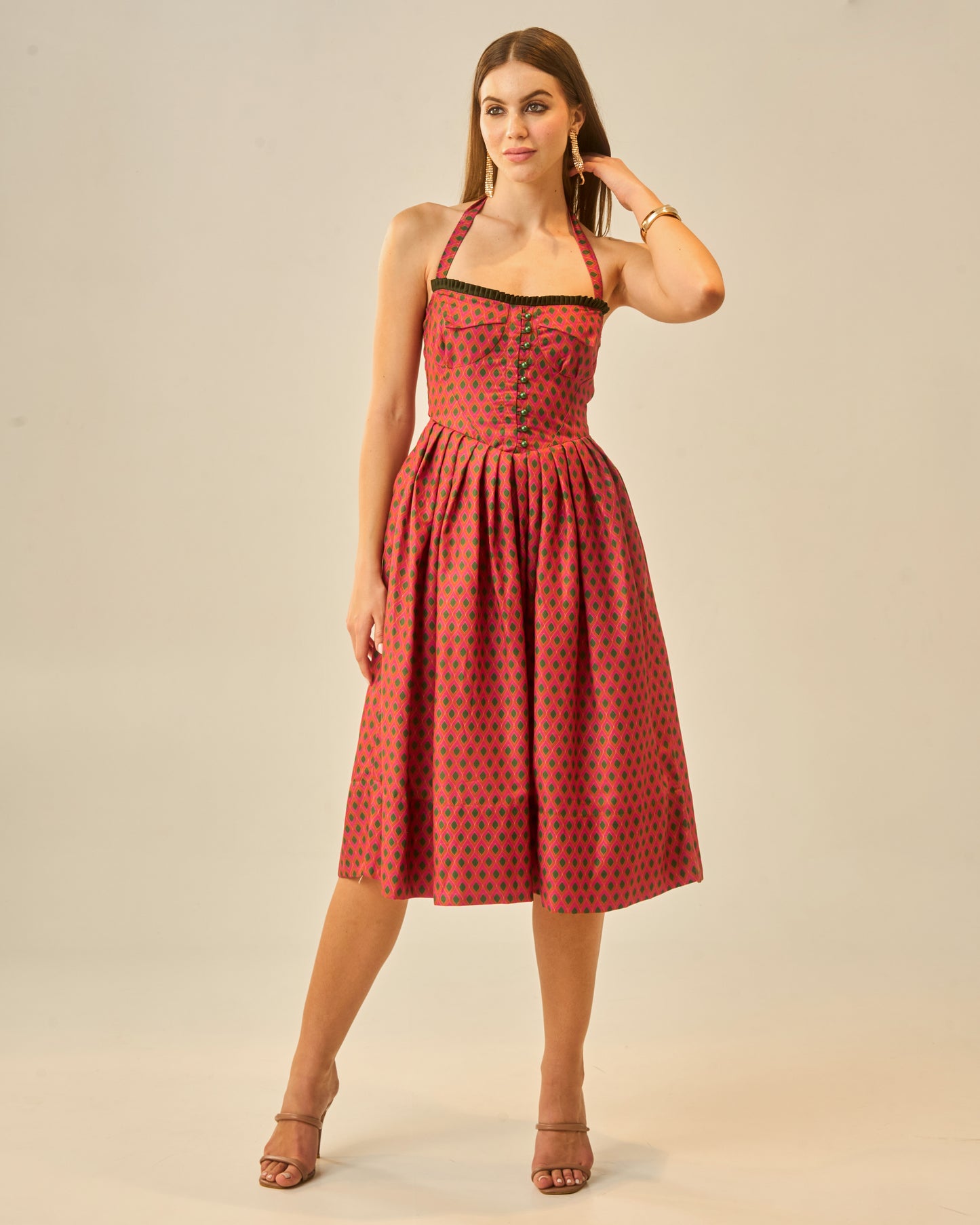 Spring Bloom Orange Printed Bustier Midi Dress for Women