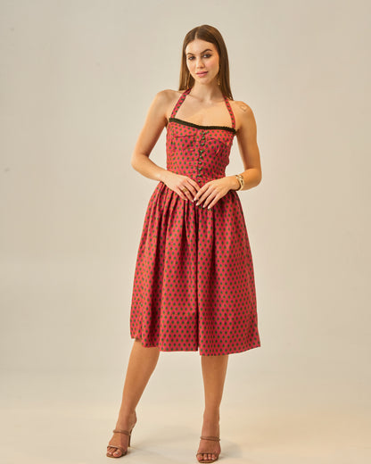 Spring Bloom Orange Printed Bustier Midi Dress for Women
