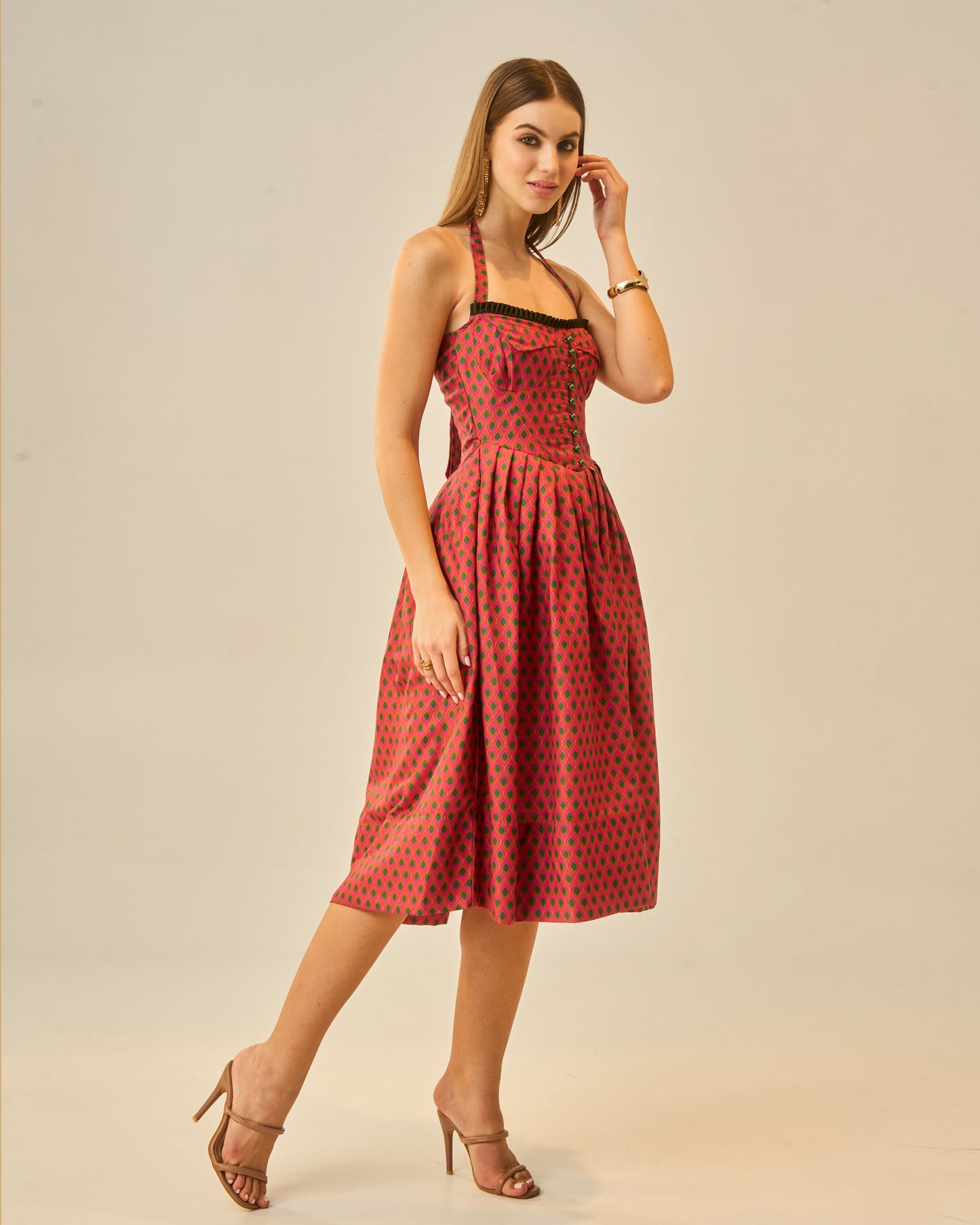Spring Bloom Orange Printed Bustier Midi Dress for Women