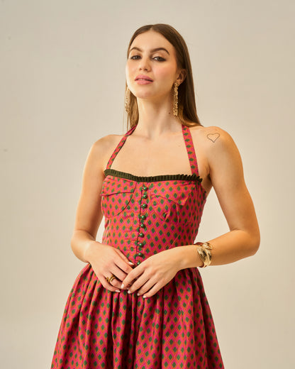 Spring Bloom Orange Printed Bustier Midi Dress for Women