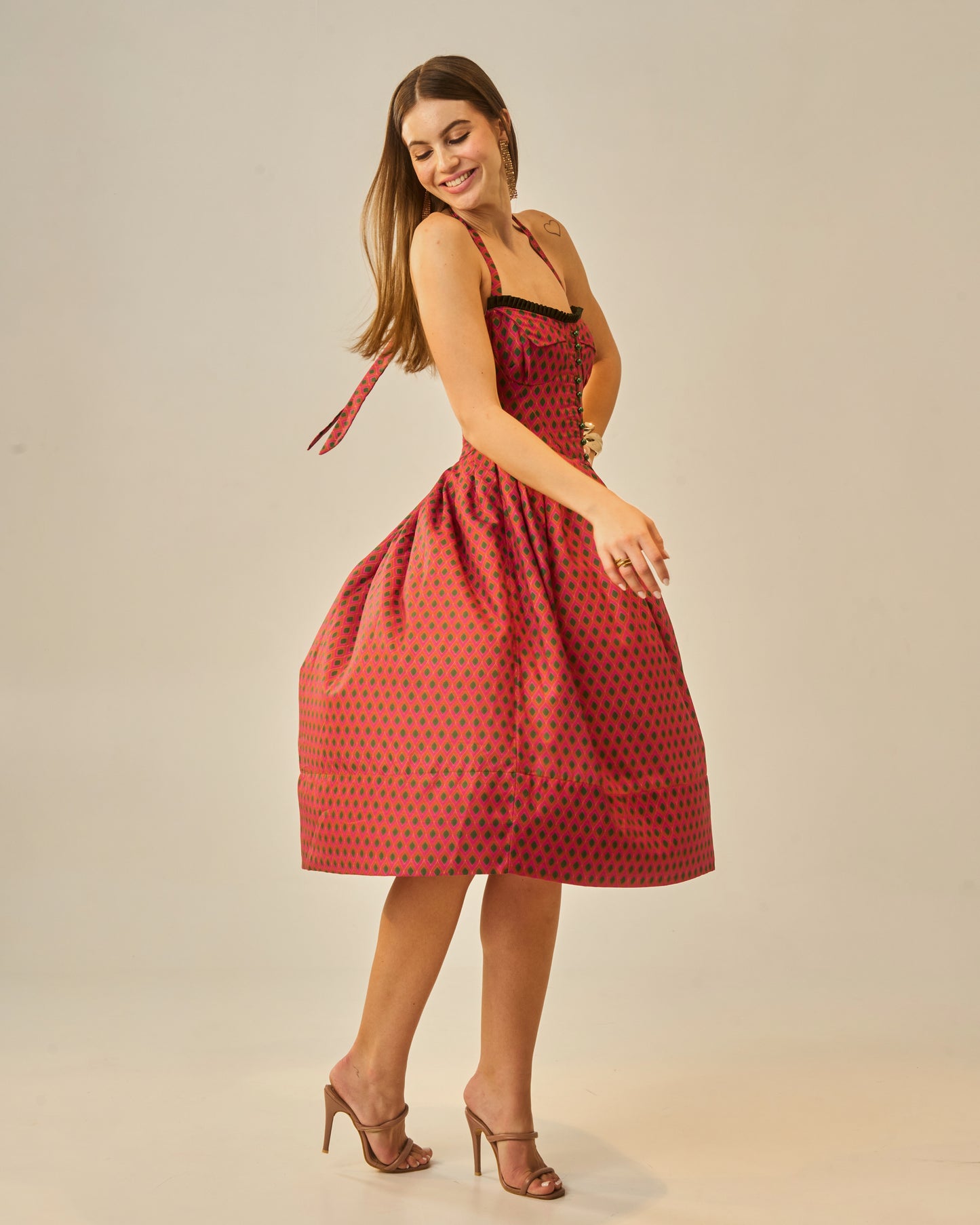 Spring Bloom Orange Printed Bustier Midi Dress for Women