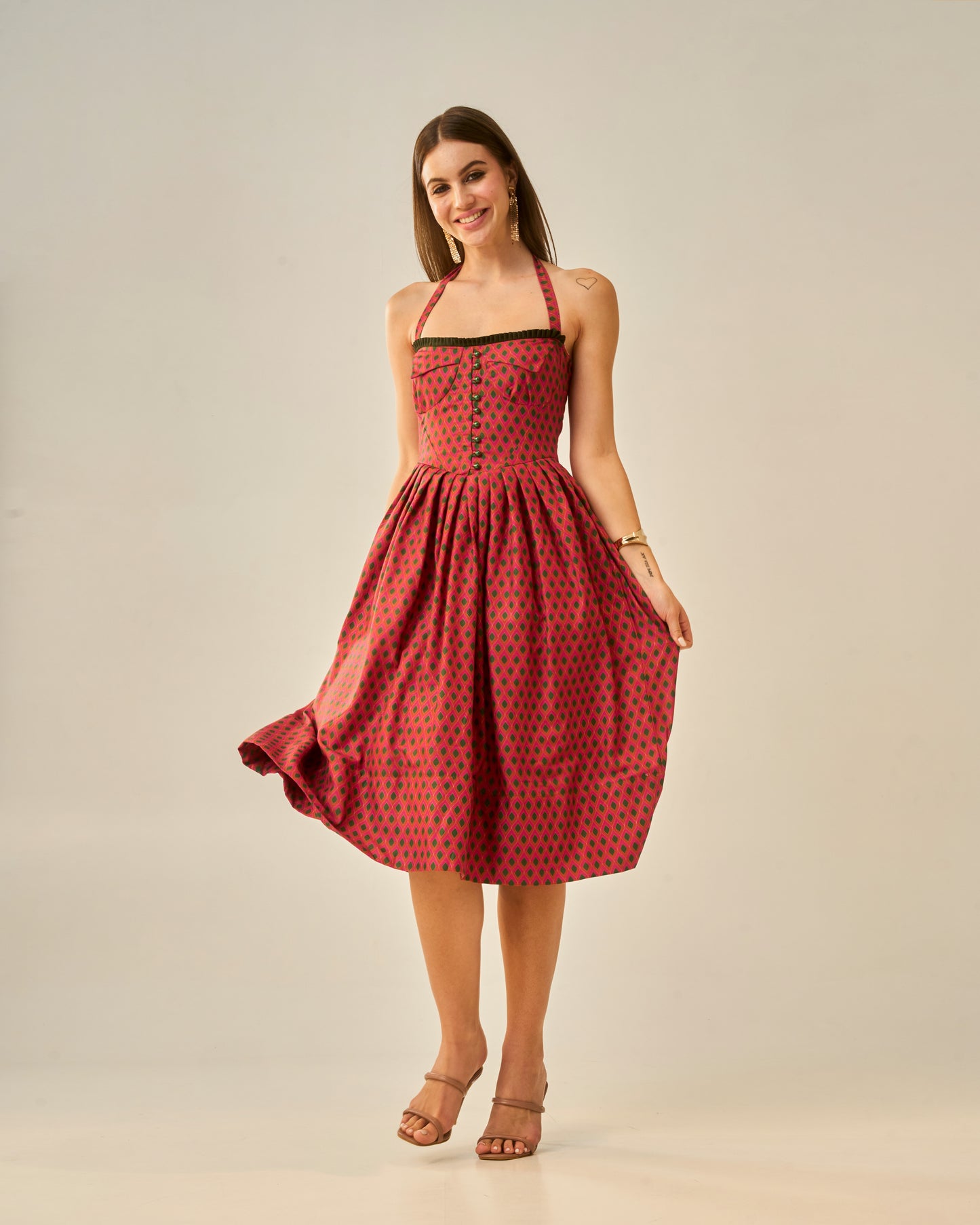 Spring Bloom Orange Printed Bustier Midi Dress for Women