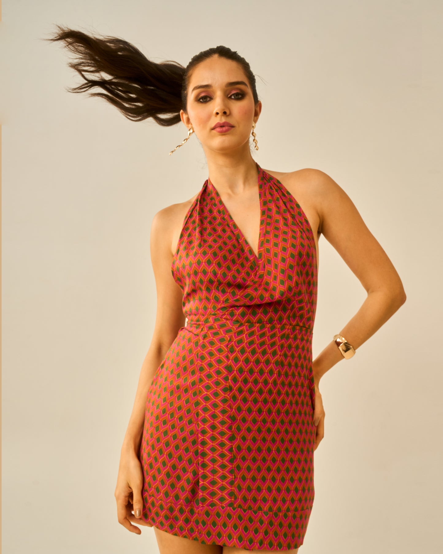 Rust Orange Printed Backless Wrap Mini Dress for Women