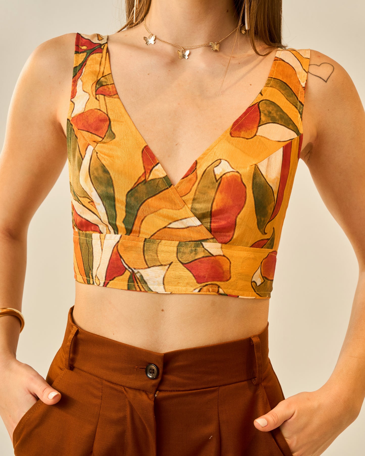 Sunkissed Meadows Printed V-Neck Bralette Crop Top for Women