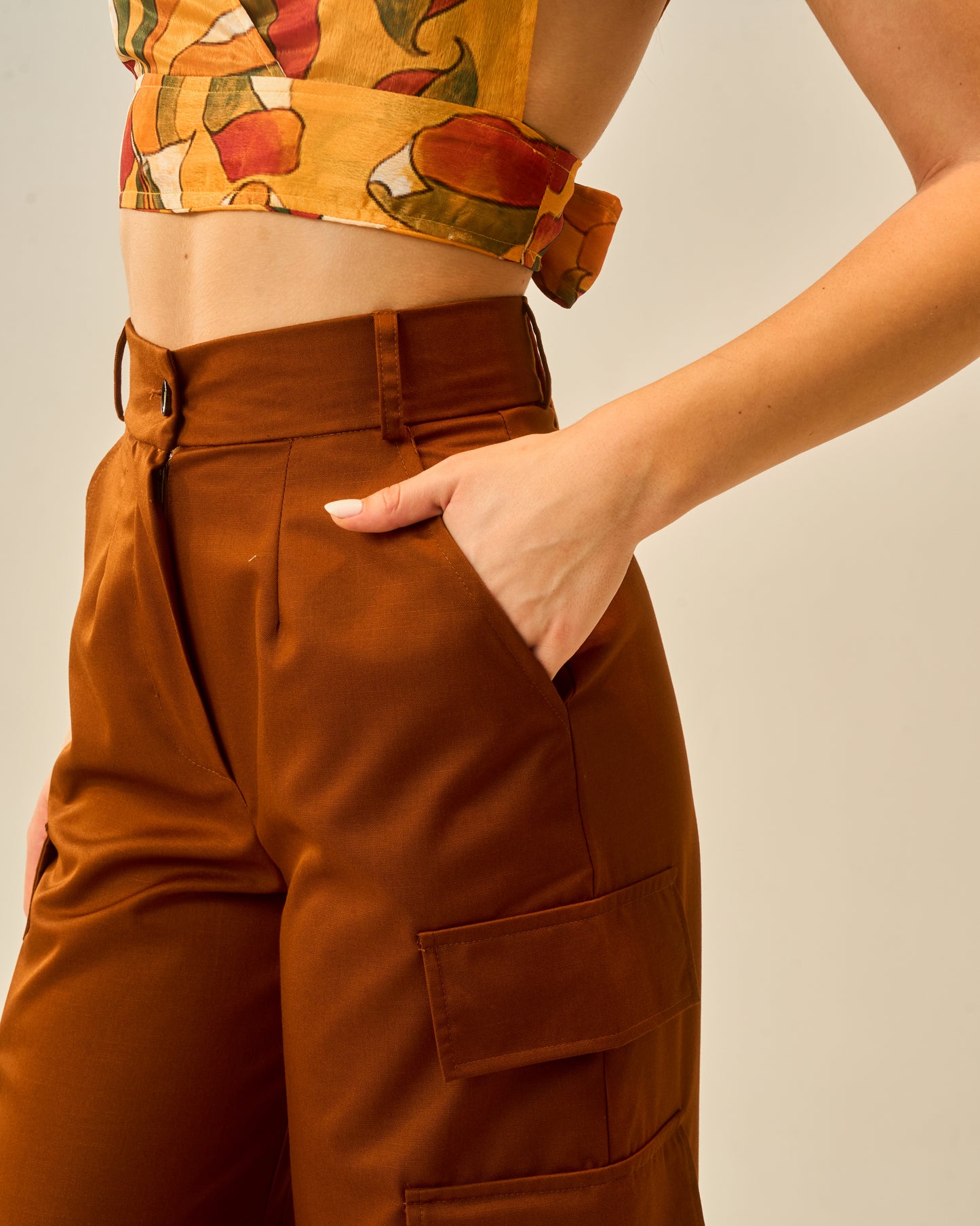 Sunkissed Meadows Brown Women's High-waist Cargo Trousers