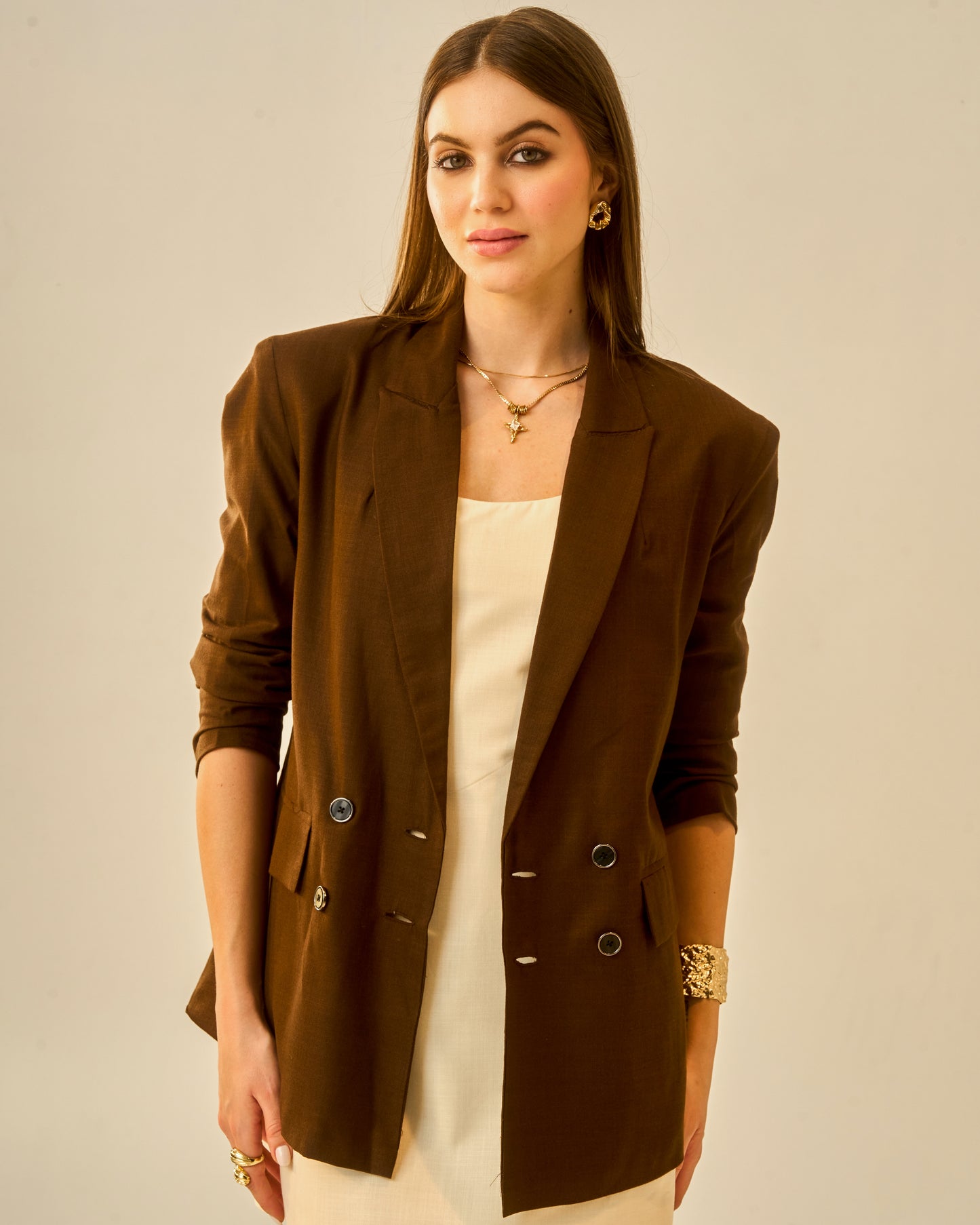Espresso Elegance Brown Oversized Blazer for Women – Double-Breasted Longline Jacket