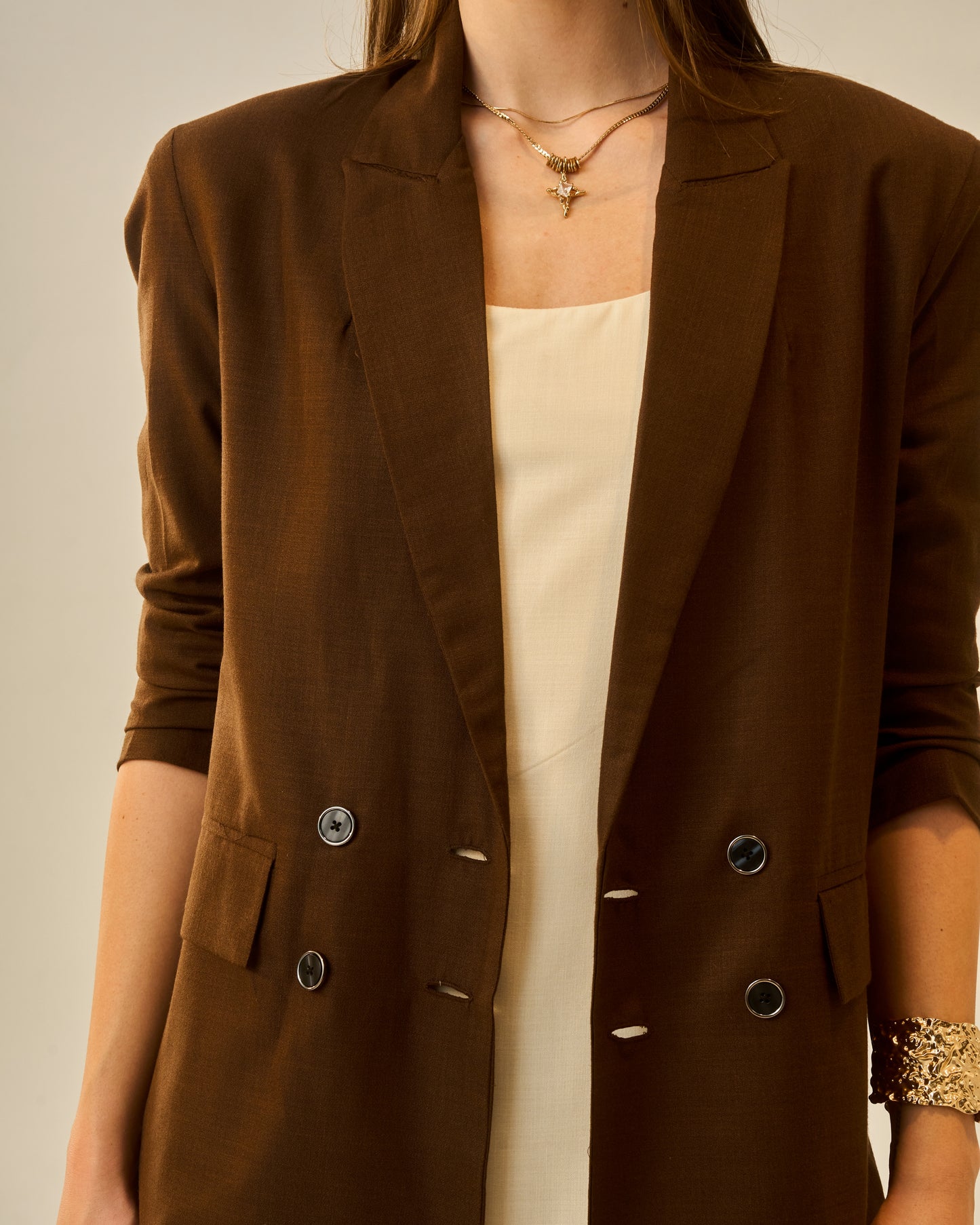 Espresso Elegance Brown Oversized Blazer for Women – Double-Breasted Longline Jacket