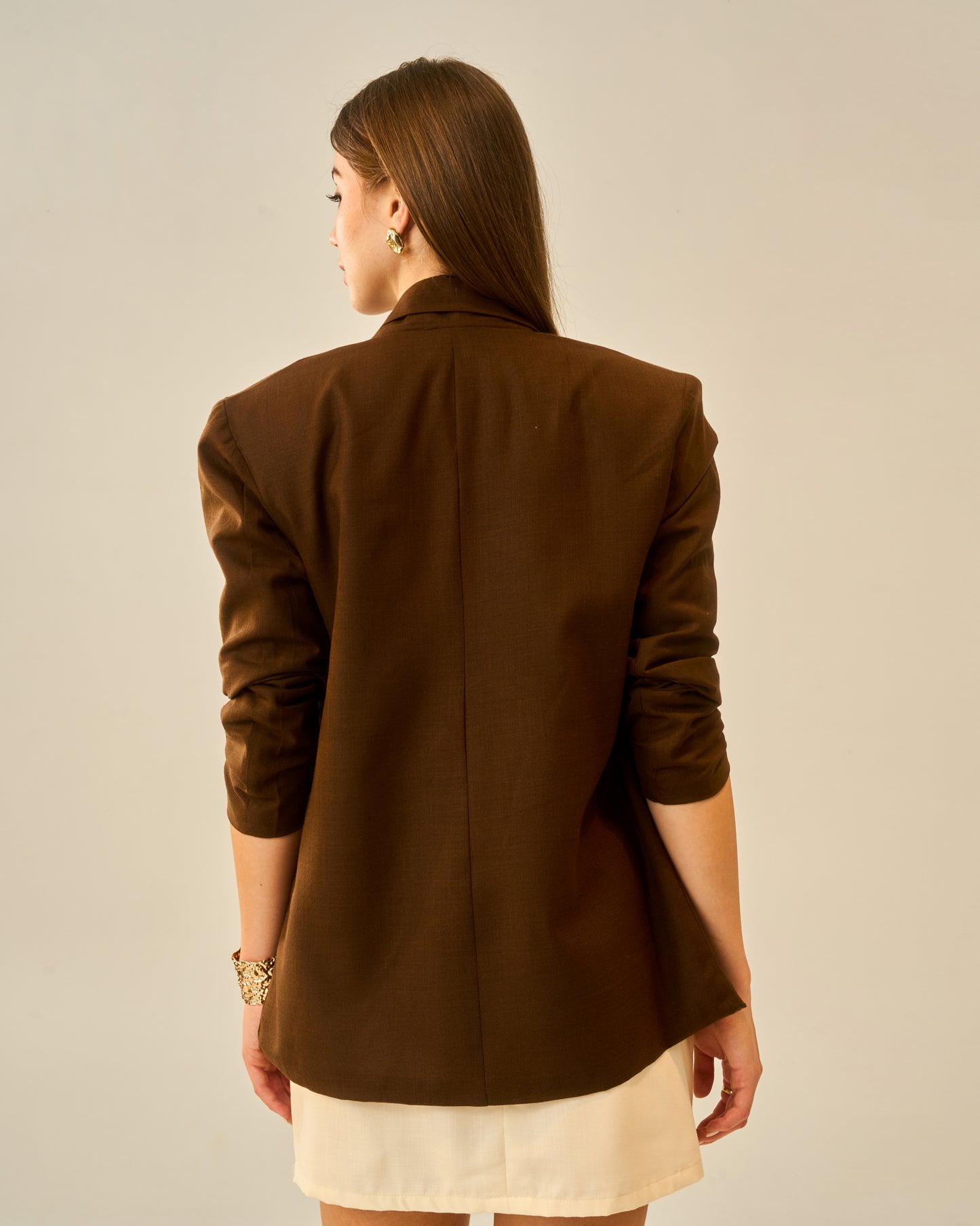 Espresso Elegance Brown Oversized Blazer for Women – Double-Breasted Longline Jacket