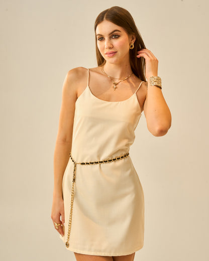 Buttercup Bliss Cream Strappy Linen Blend Mini Dress for Women – Square Neck Sleeveless