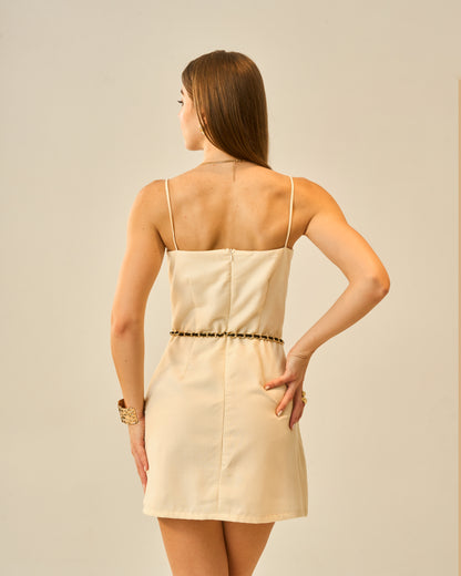 Buttercup Bliss Cream Strappy Linen Blend Mini Dress for Women – Square Neck Sleeveless