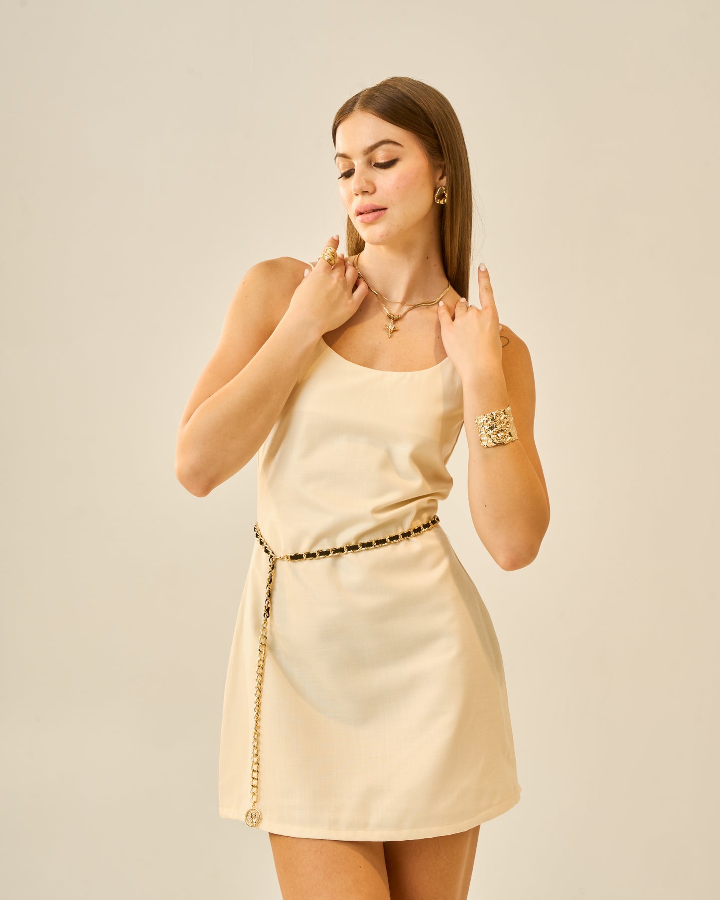 Buttercup Bliss Cream Strappy Linen Blend Mini Dress for Women – Square Neck Sleeveless