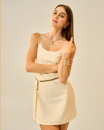 Buttercup Bliss Cream Strappy Linen Blend Mini Dress for Women – Square Neck Sleeveless