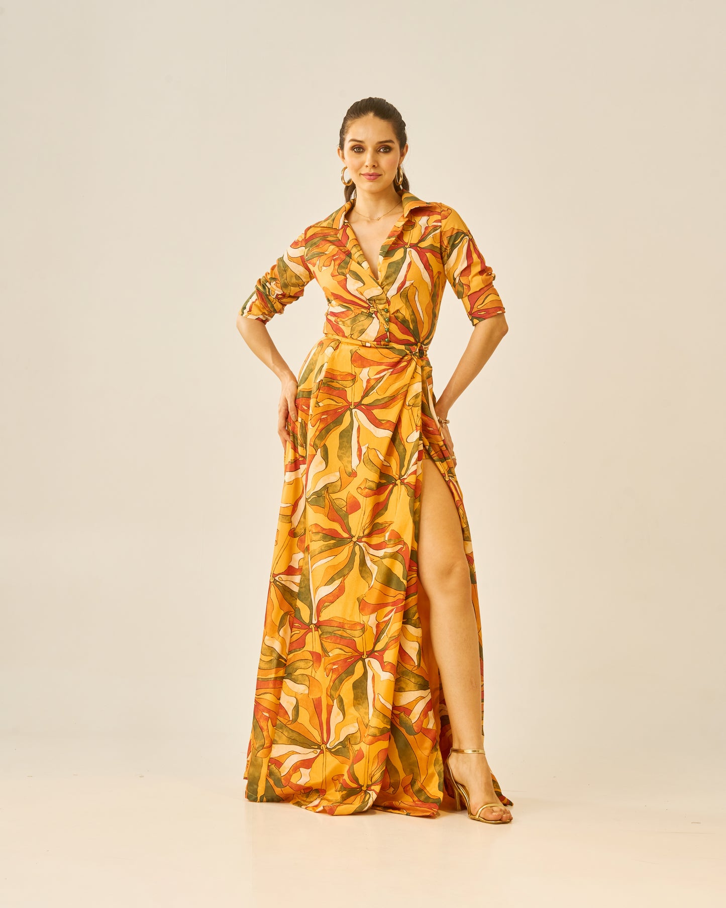 Tangerine Muse Women’s High-Slit Wrap Skirt – Sunset Floral Print Overlay