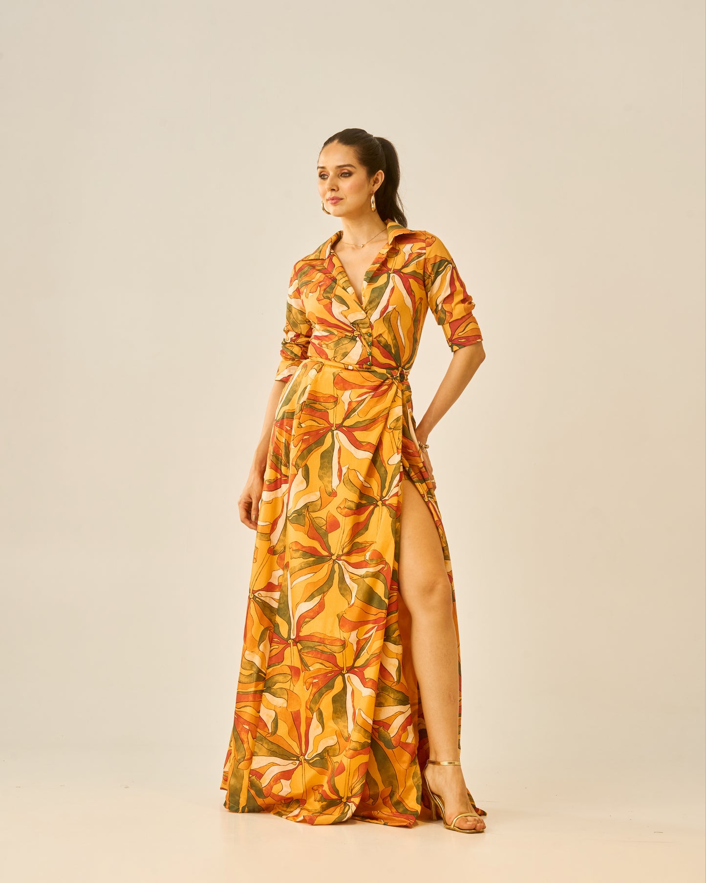Tangerine Muse Women’s High-Slit Wrap Skirt – Sunset Floral Print Overlay