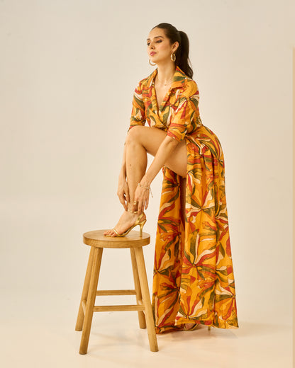 Tangerine Muse Women’s High-Slit Wrap Skirt – Sunset Floral Print Overlay