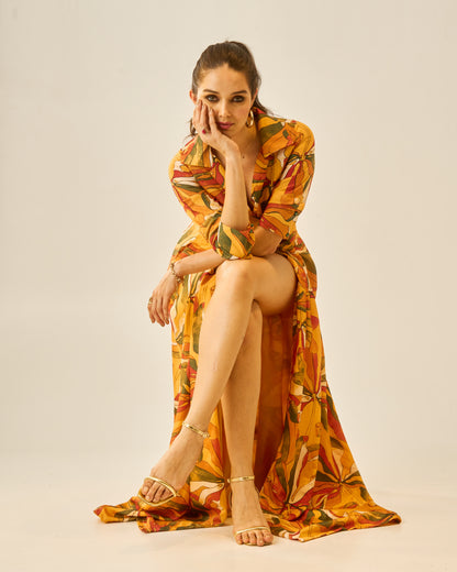 Tangerine Muse Women’s High-Slit Wrap Skirt – Sunset Floral Print Overlay