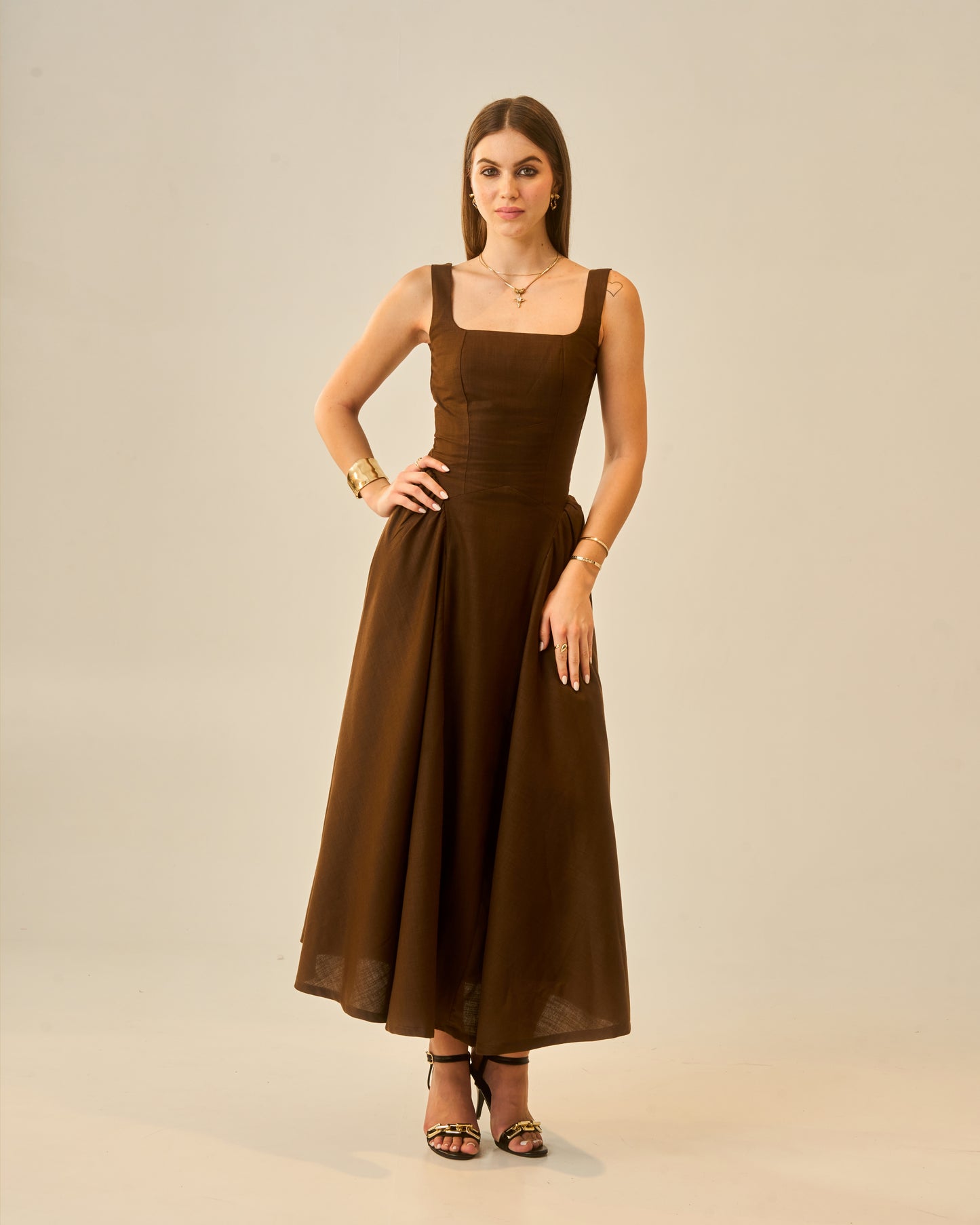 Chestnut Dusk Brown Sleeveless Women Midi Dress – Square Neck A-Line Fit