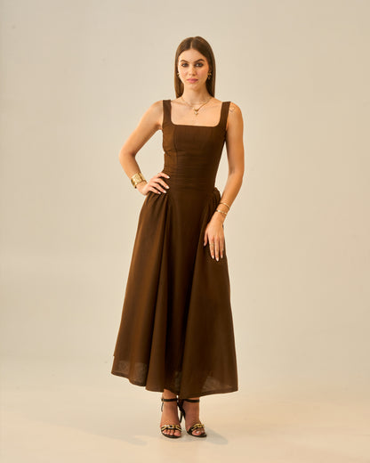 Chestnut Dusk Brown Sleeveless Women Midi Dress – Square Neck A-Line Fit