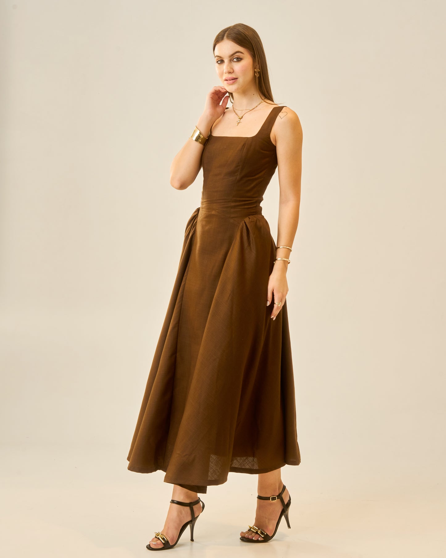 Chestnut Dusk Brown Sleeveless Women Midi Dress – Square Neck A-Line Fit