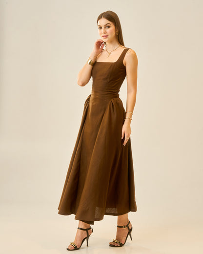 Chestnut Dusk Brown Sleeveless Women Midi Dress – Square Neck A-Line Fit