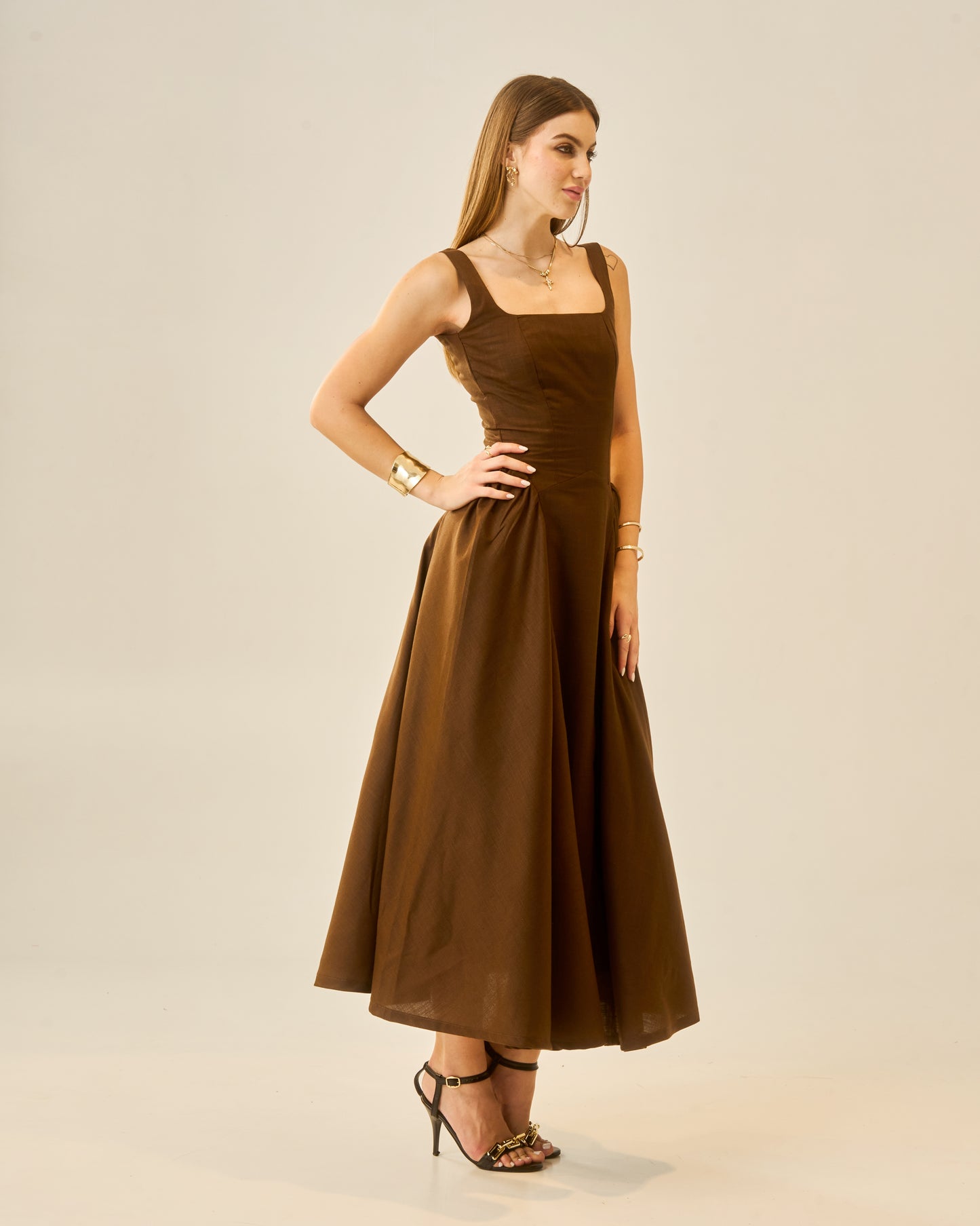 Chestnut Dusk Brown Sleeveless Women Midi Dress – Square Neck A-Line Fit